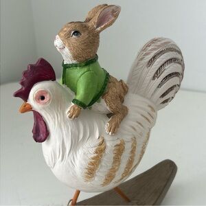 Easter Bunny Figurine Decor Charming Brown and White Rabbit on Chicken Figurine